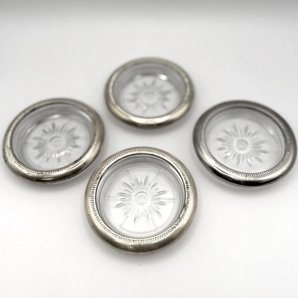 Vintage Leonard Italy Silverplate Glass Starburst Coasters Set of 4 Gadroon Rim